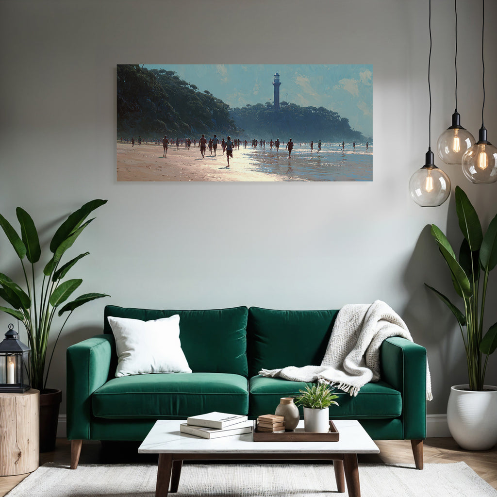 Beach Scene Mit Leuten Und Leuchtturm An Einem Sonnigen Tag