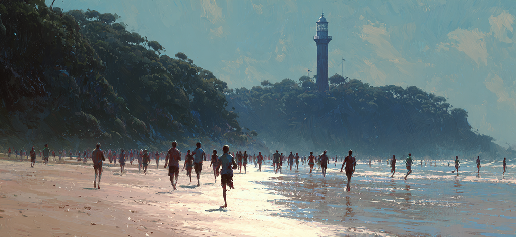 Beach Scene Mit Leuten Und Leuchtturm An Einem Sonnigen Tag | Sport und Bewegung | Themen und Hobbys