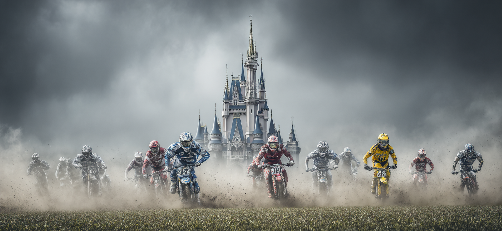 Dirtbike Riders Rennen Mit Burg Im Hintergrund Fantasie Szenario | Sport und Bewegung | Themen und Hobbys