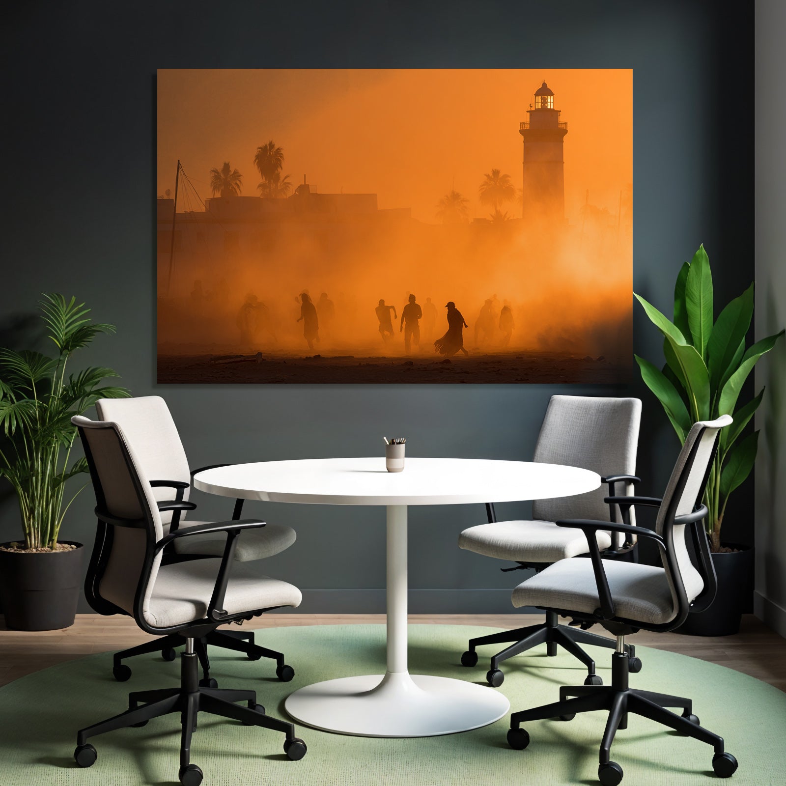 Dusk Or Dawn Coastal Scene People Lighthouse Palm Trees