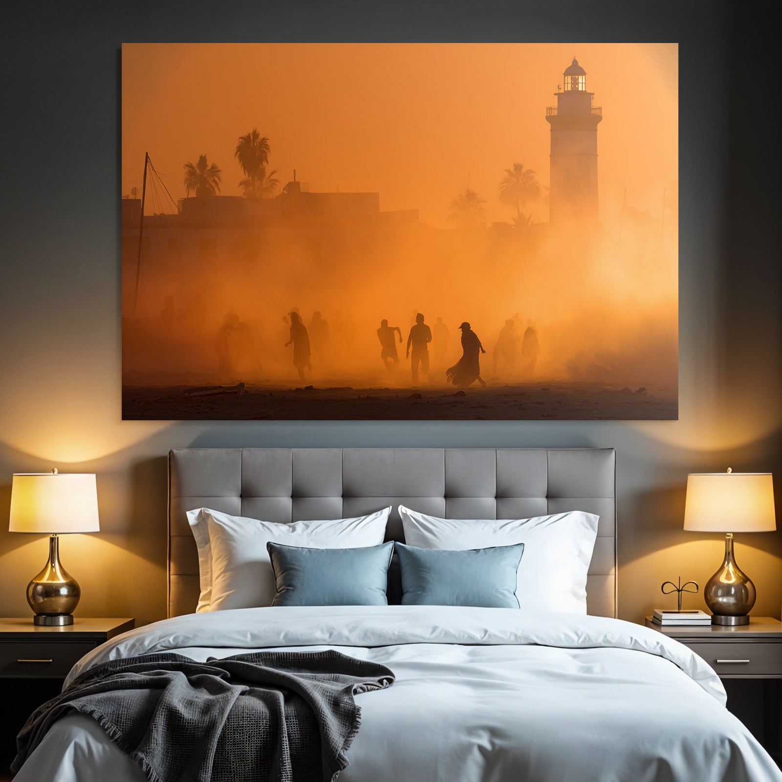 Dusk Or Dawn Coastal Scene People Lighthouse Palm Trees