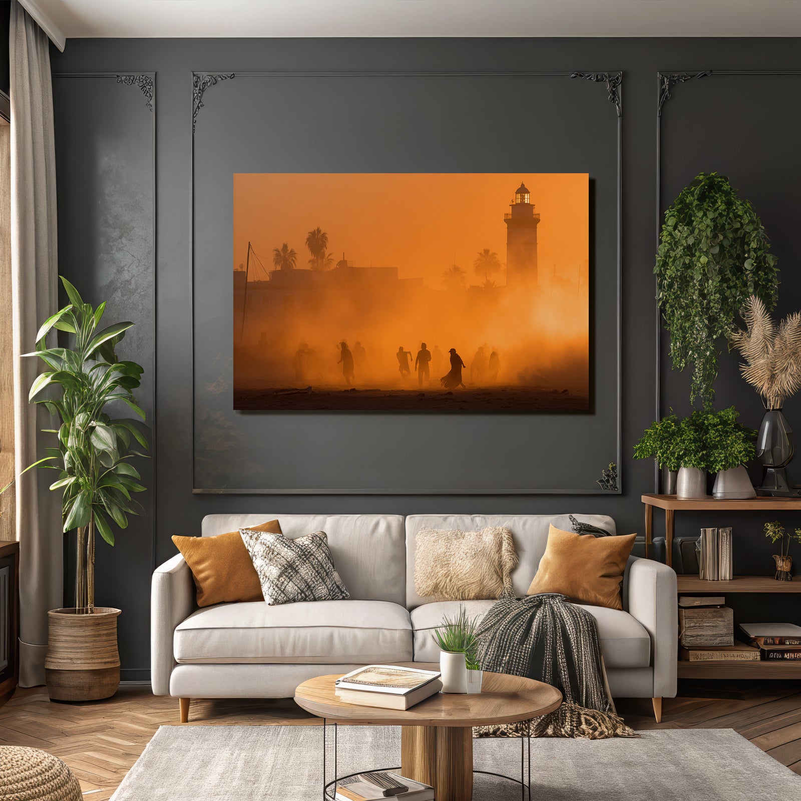 Dusk Or Dawn Coastal Scene People Lighthouse Palm Trees