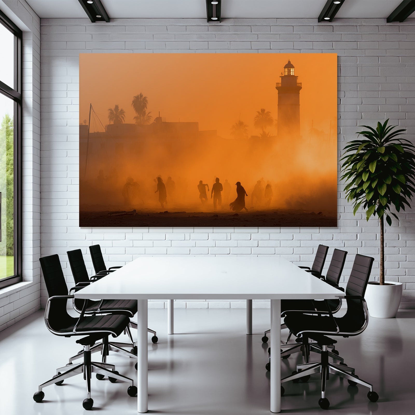 Dusk Or Dawn Coastal Scene People Lighthouse Palm Trees