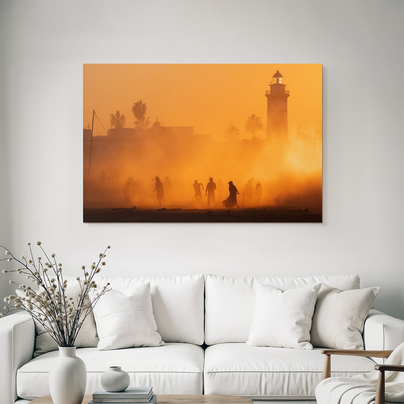 Dusk Or Dawn Coastal Scene People Lighthouse Palm Trees
