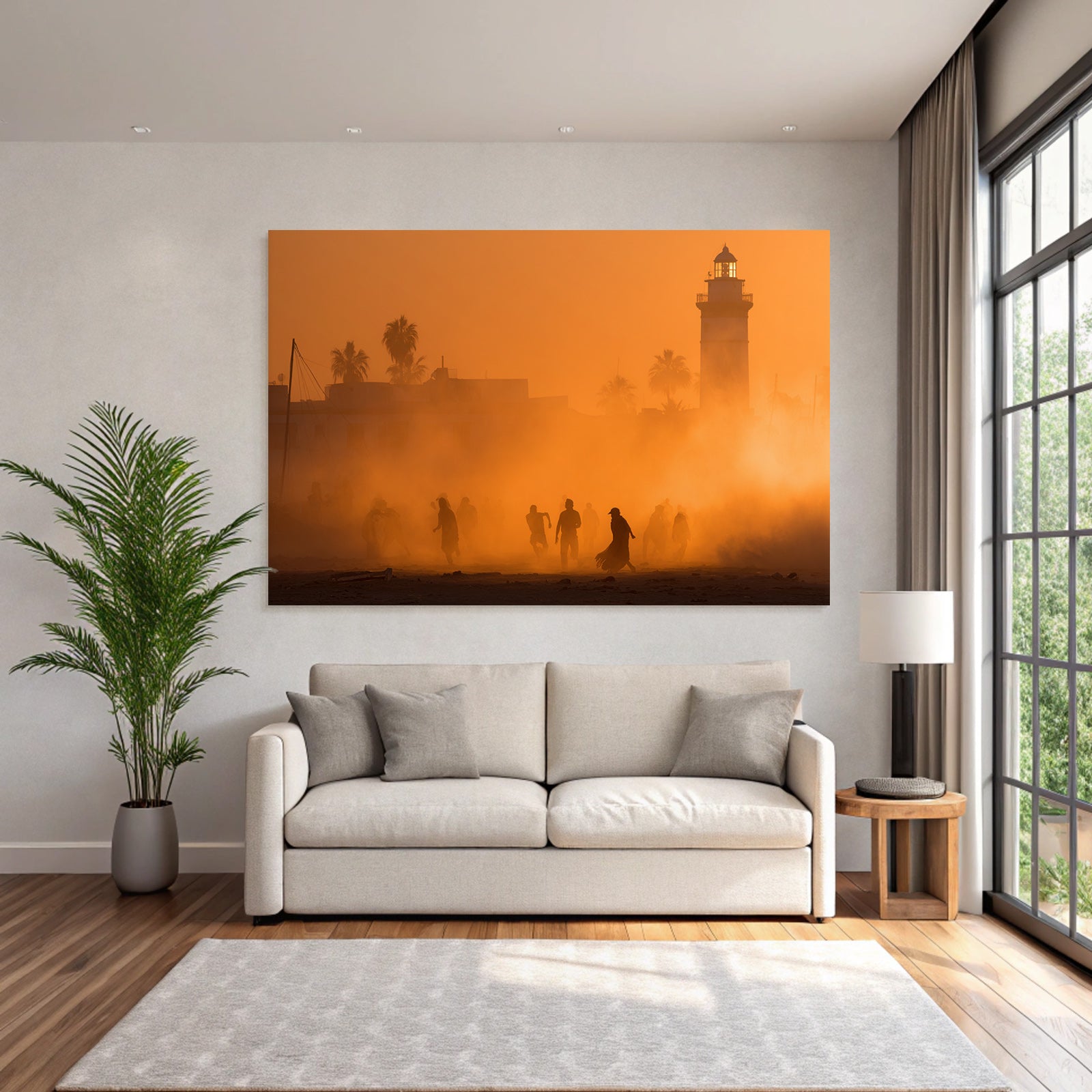 Dusk Or Dawn Coastal Scene People Lighthouse Palm Trees