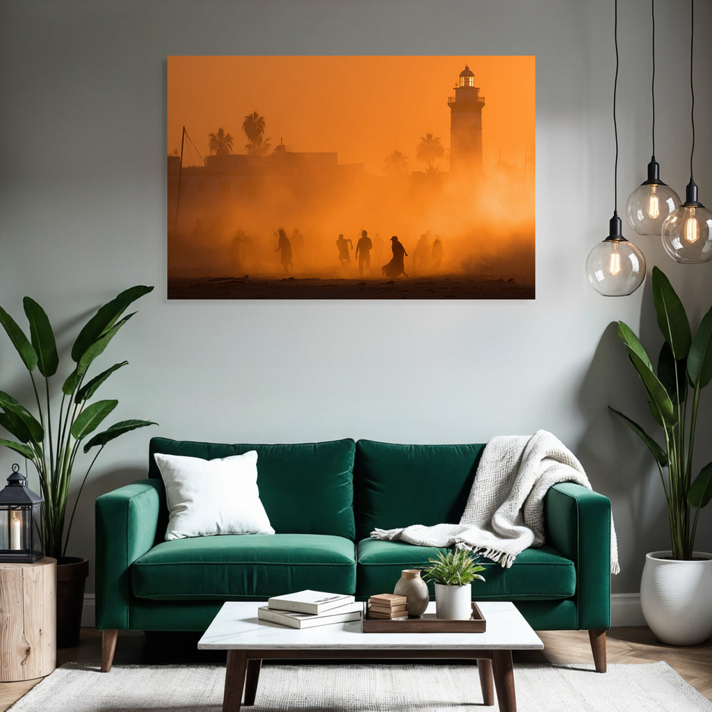 Dusk Or Dawn Coastal Scene People Lighthouse Palm Trees