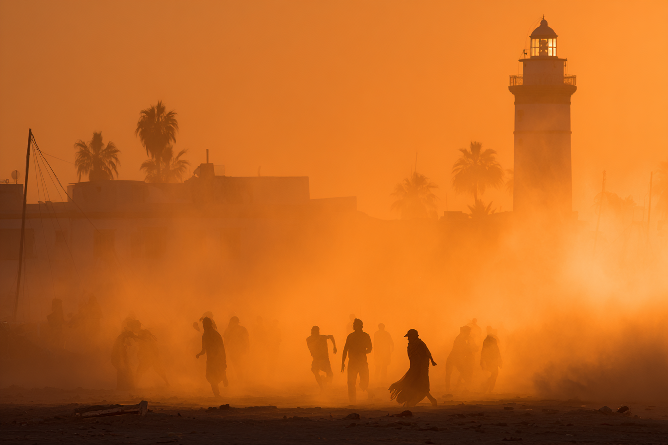 Dusk Or Dawn Coastal Scene People Lighthouse Palm Trees | Sport und Bewegung | Themen und Hobbys