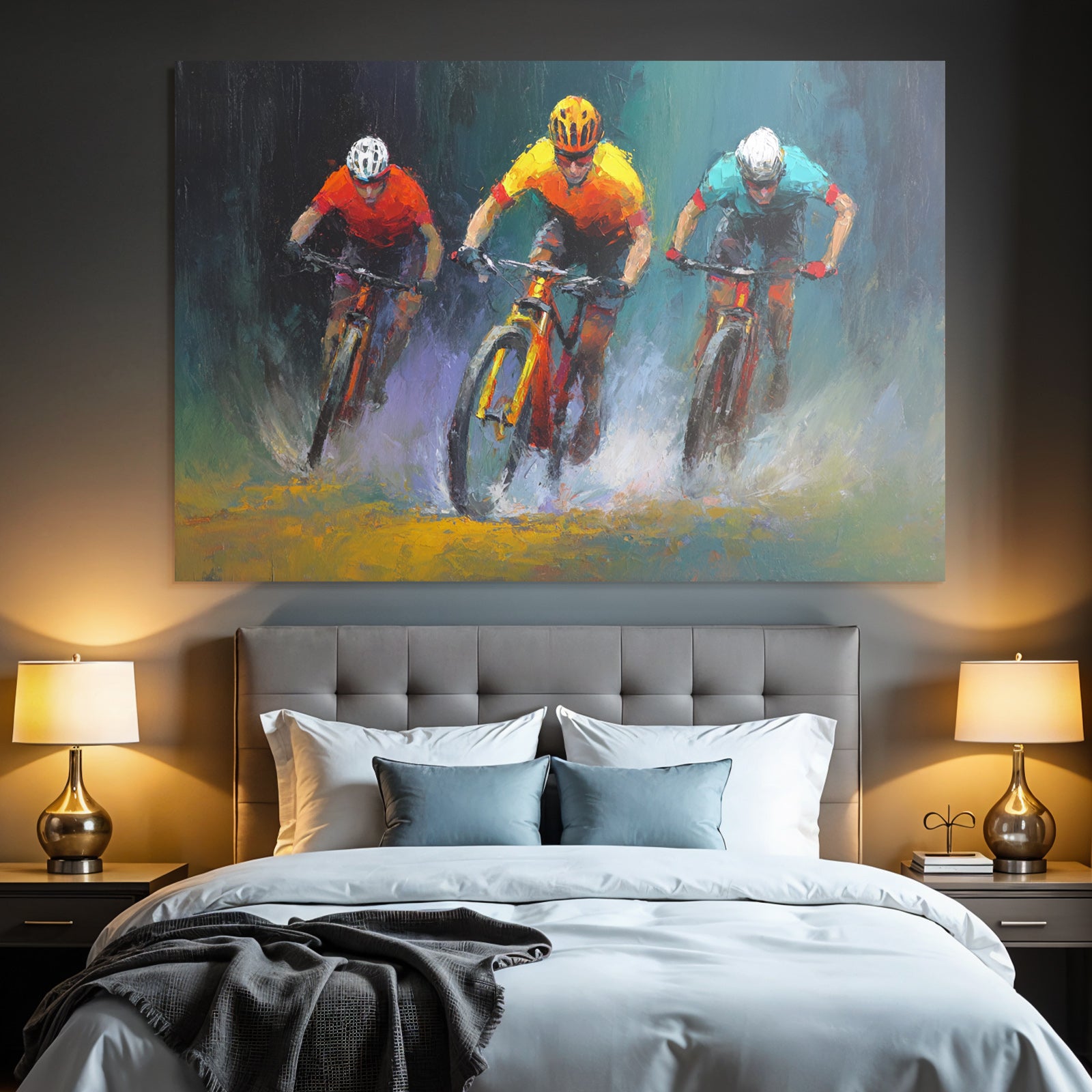 Dynamische Szene Von Drei Mountainbike Fahrern Auf Weg Mit Spritzendem Wasser