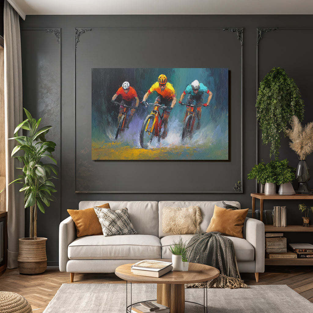 Dynamische Szene Von Drei Mountainbike Fahrern Auf Weg Mit Spritzendem Wasser