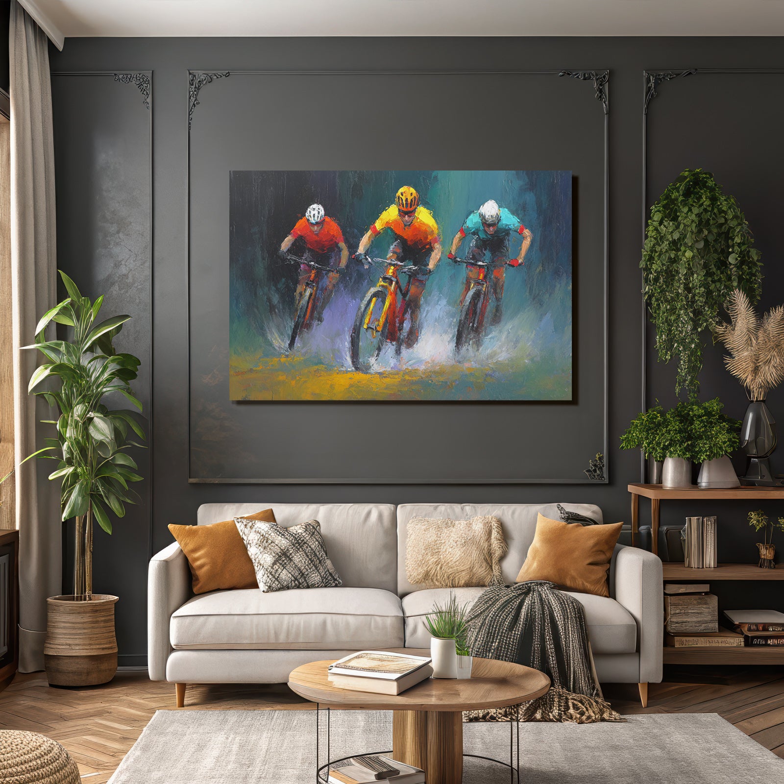 Dynamische Szene Von Drei Mountainbike Fahrern Auf Weg Mit Spritzendem Wasser
