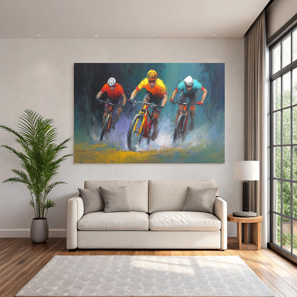 Dynamische Szene Von Drei Mountainbike Fahrern Auf Weg Mit Spritzendem Wasser