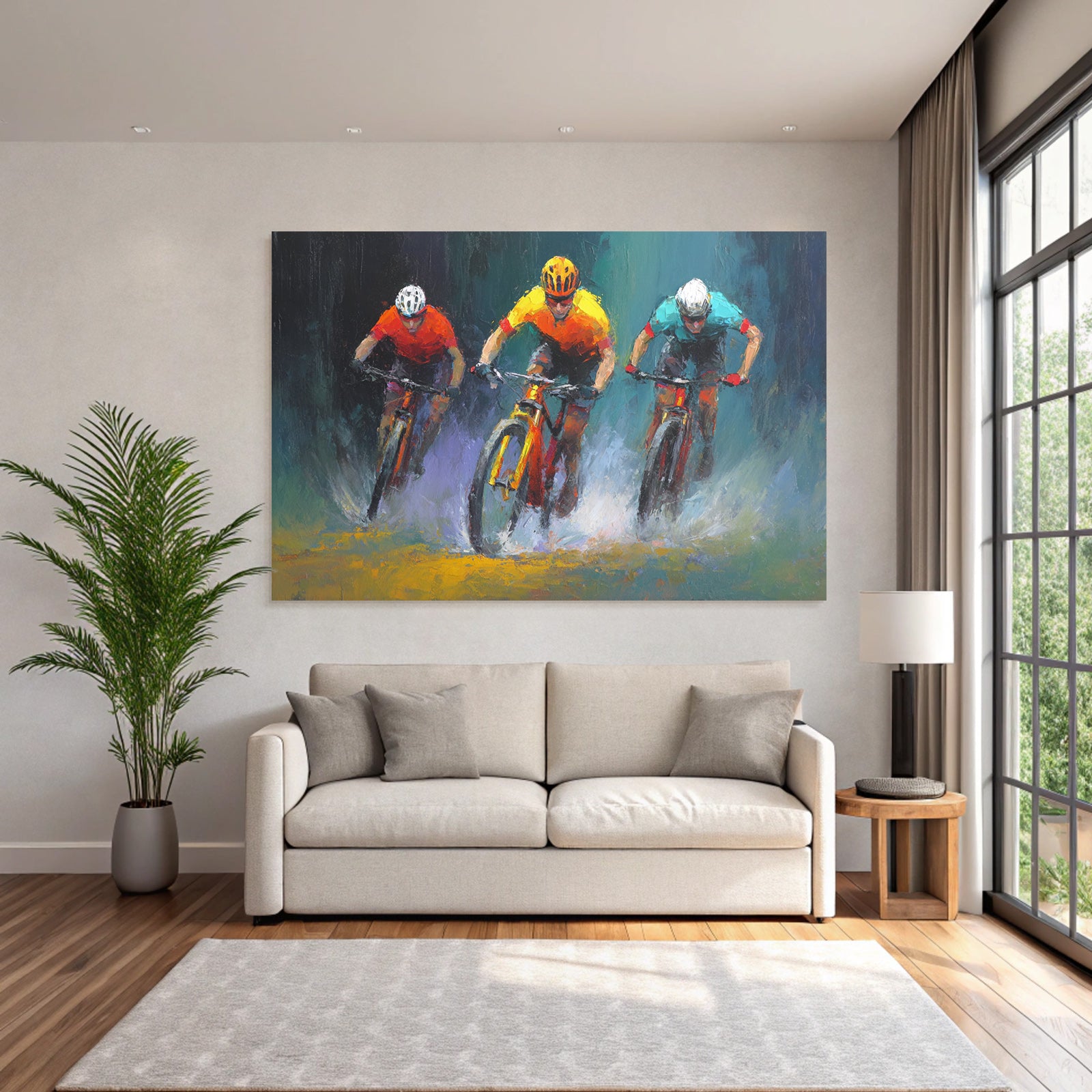 Dynamische Szene Von Drei Mountainbike Fahrern Auf Weg Mit Spritzendem Wasser