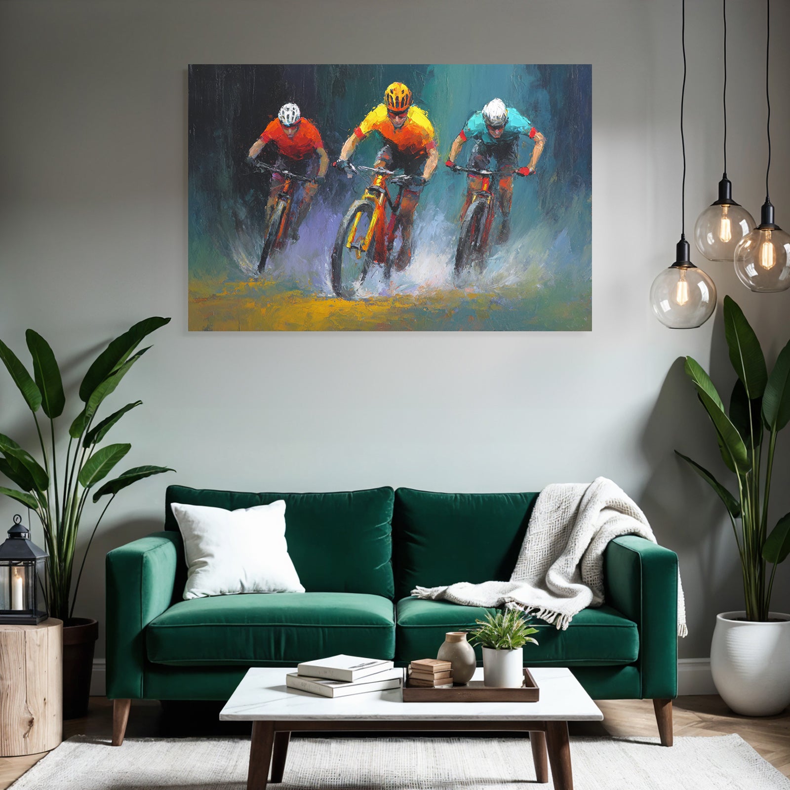 Dynamische Szene Von Drei Mountainbike Fahrern Auf Weg Mit Spritzendem Wasser