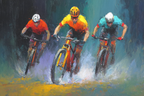 Dynamische Szene Von Drei Mountainbike Fahrern Auf Weg Mit Spritzendem Wasser | Sport und Bewegung | Themen und Hobbys