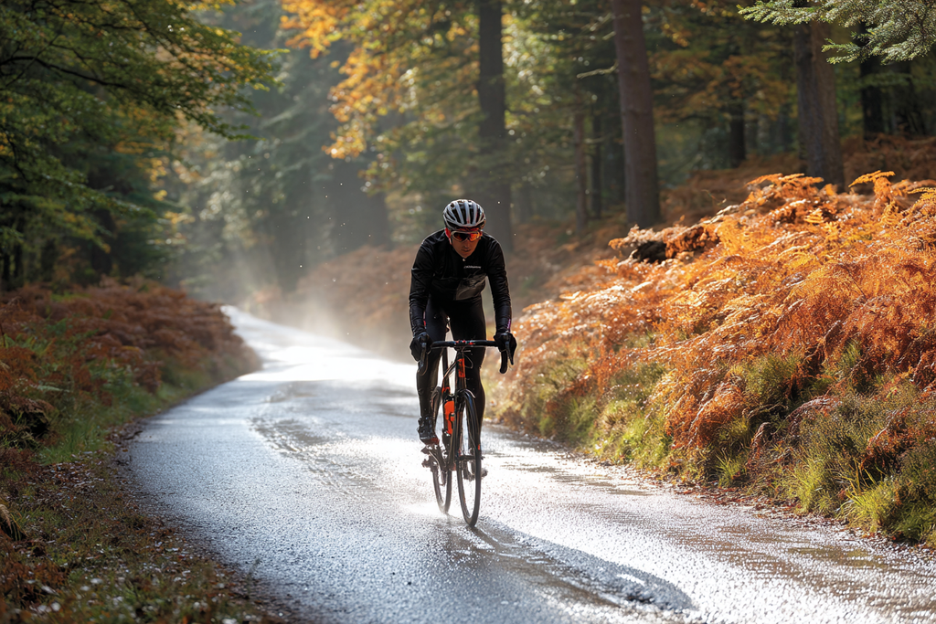 Fahrer Auf Regennasser Strasse Durch Den Wald Im Herbst | Sport und Bewegung | Themen und Hobbys