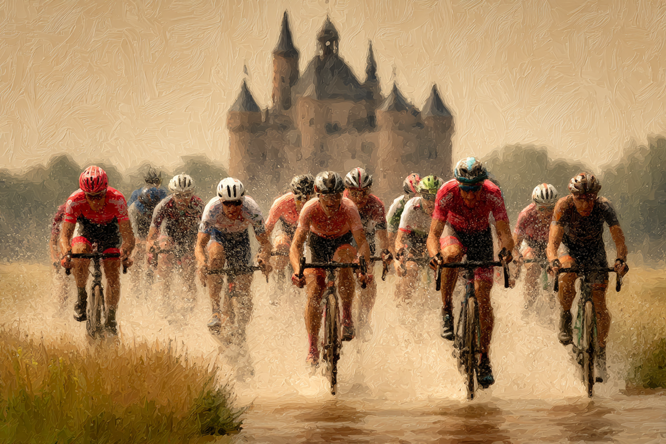 Fahrradrennen Durch Matsch Mit Burg Im Hintergrund | Sport und Bewegung | Themen und Hobbys