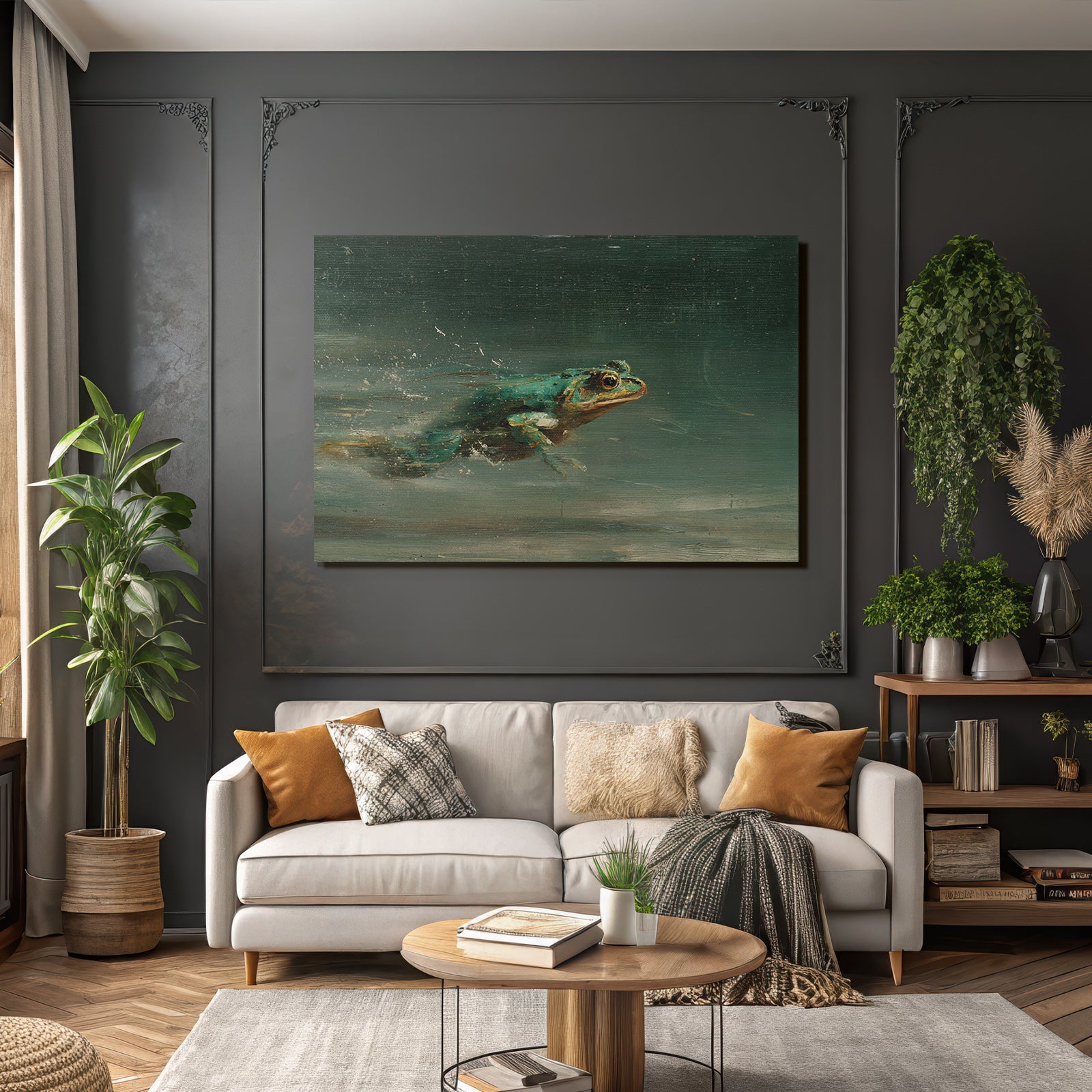 Frog Schwimmt Im Wasser Mit Spritzern Kunstvolle Darstellung