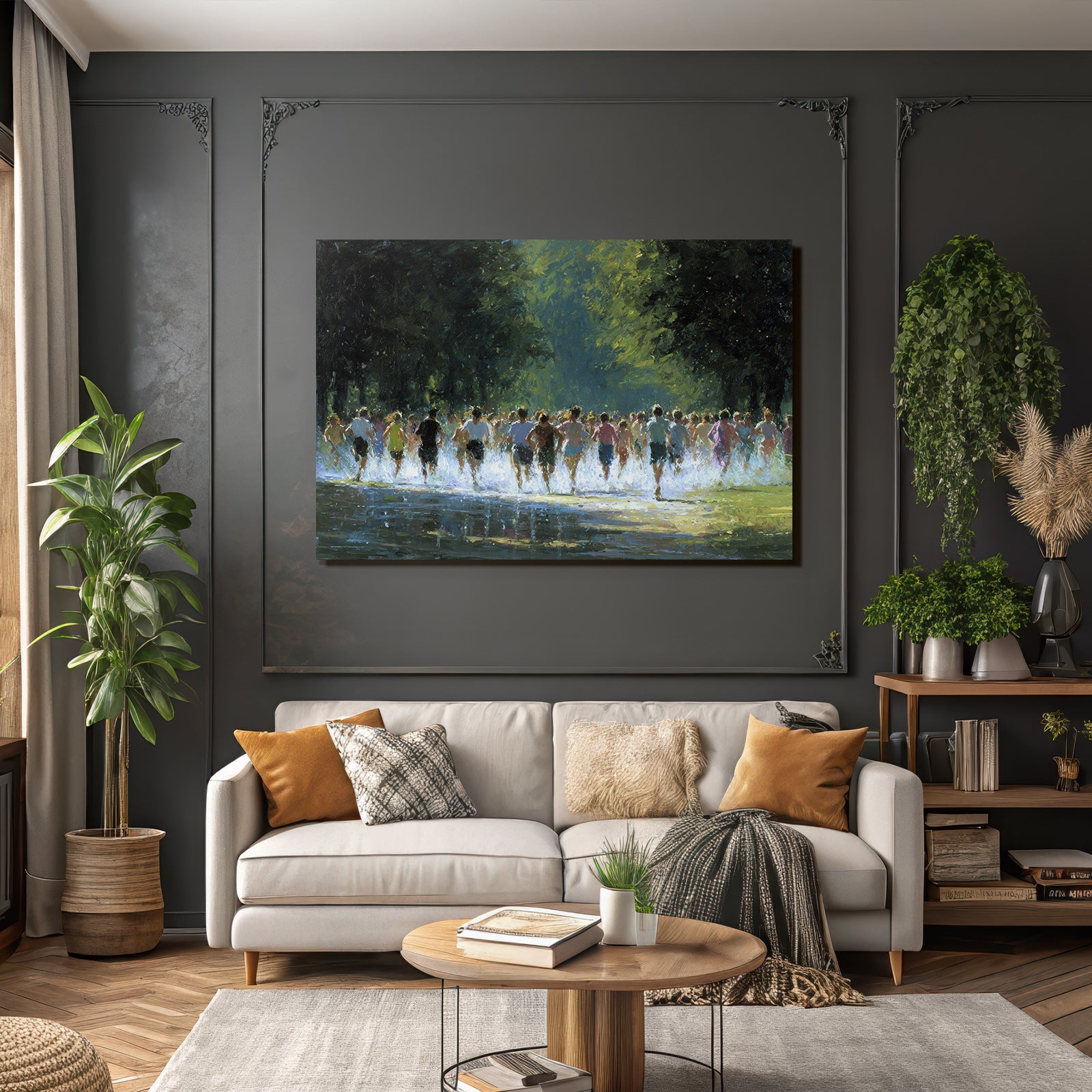 Grosse Gruppe Von Menschen Running Durch Wasser In Natur Geschehen