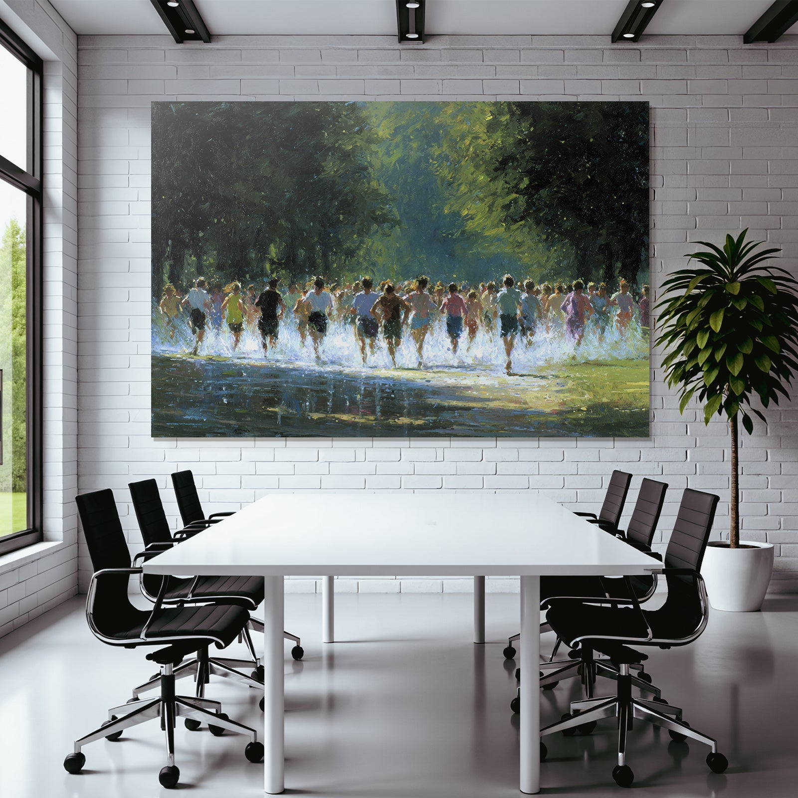 Grosse Gruppe Von Menschen Running Durch Wasser In Natur Geschehen