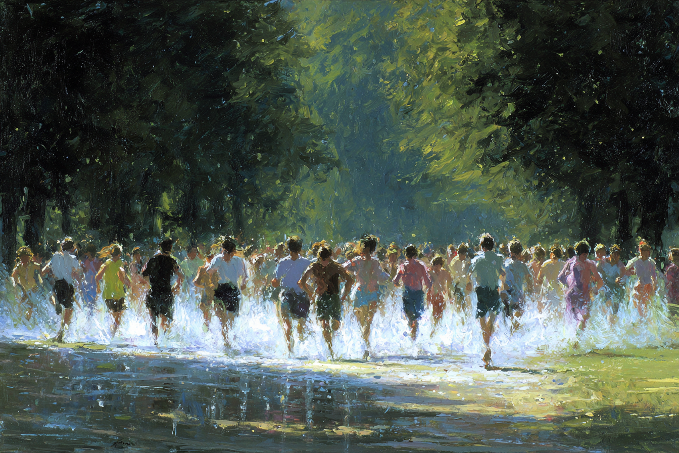 Grosse Gruppe Von Menschen Running Durch Wasser In Natur Geschehen | Sport und Bewegung | Themen und Hobbys