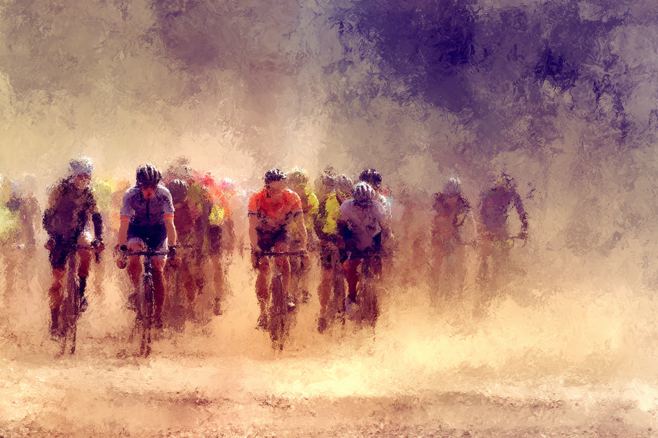 Gruppe Von Radfahren Durch Dustanfer Mistige Umgebung Impressionistisch Stil | Sport und Bewegung | Themen und Hobbys