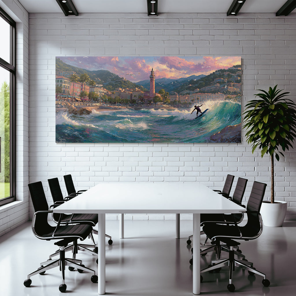 Küstenlandschaft Surfer Welle Leuchtturm Berge Dramatischer Himmel