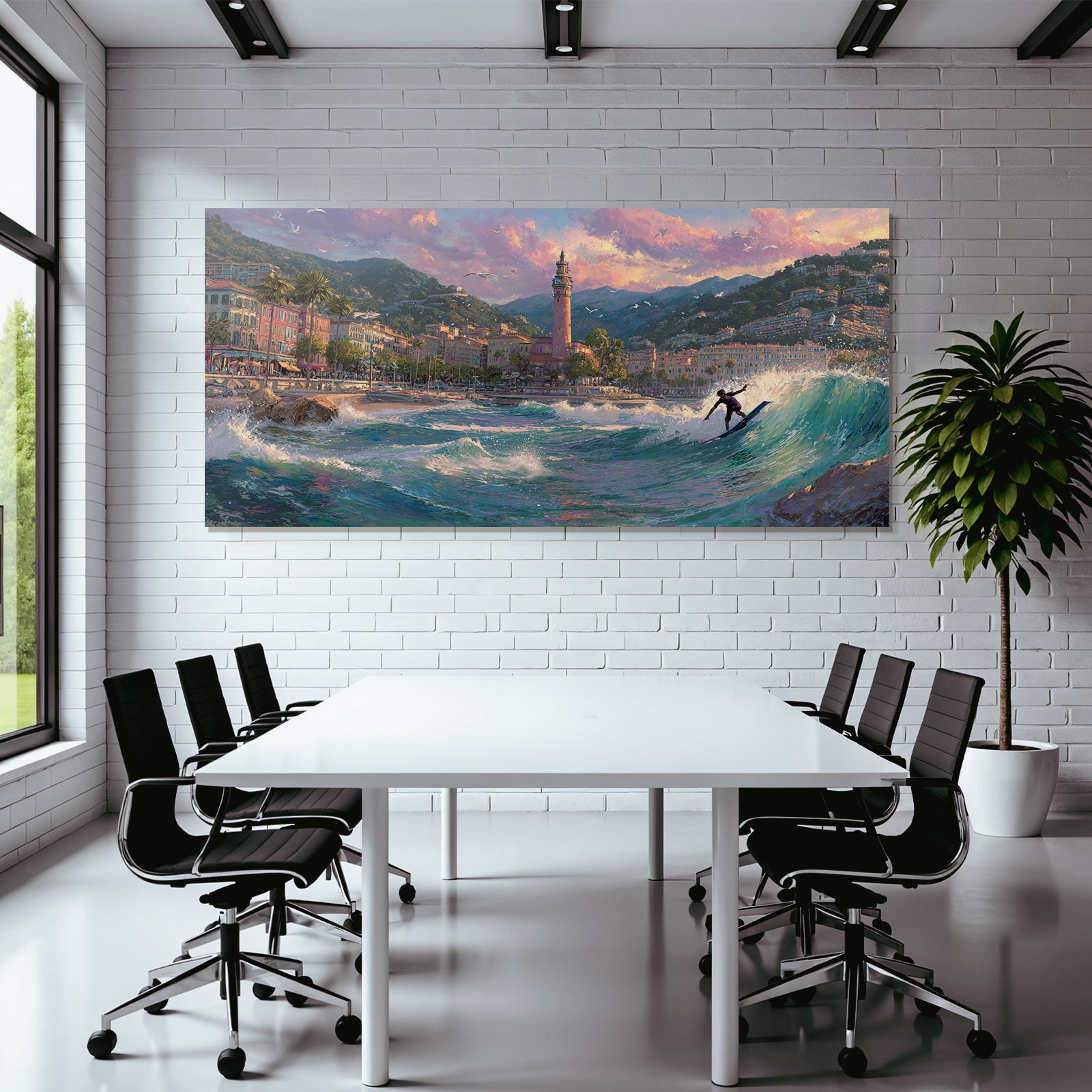 Küstenlandschaft Surfer Welle Leuchtturm Berge Dramatischer Himmel