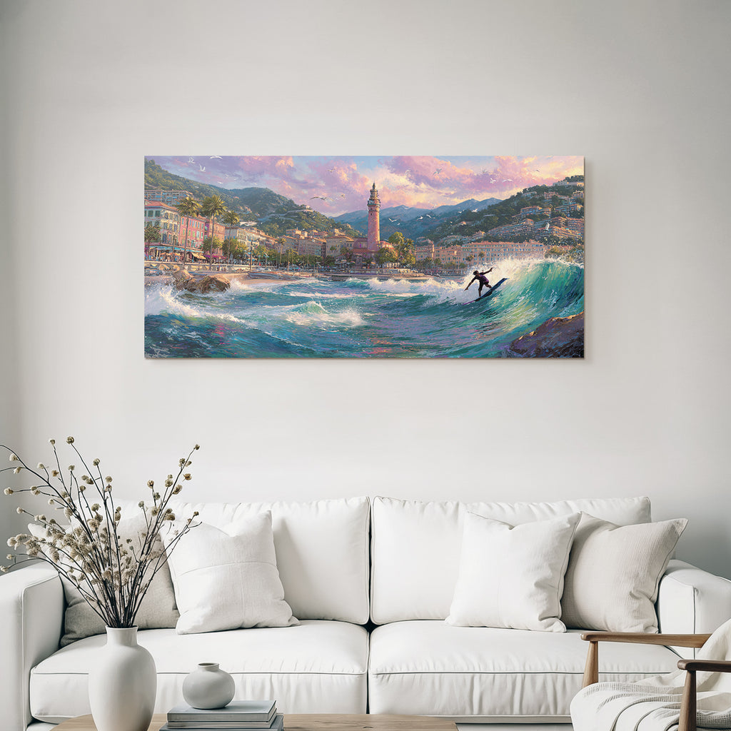 Küstenlandschaft Surfer Welle Leuchtturm Berge Dramatischer Himmel
