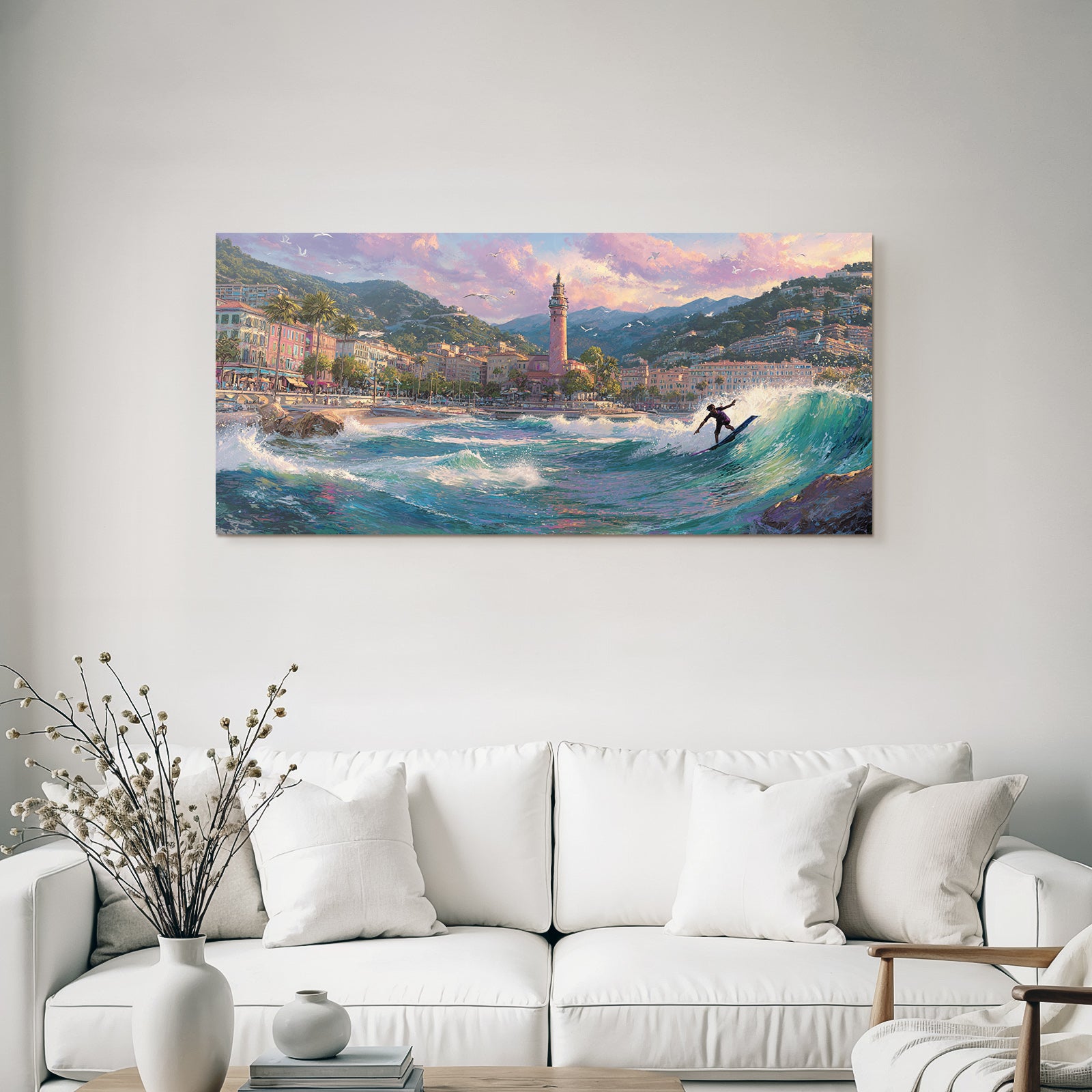 Küstenlandschaft Surfer Welle Leuchtturm Berge Dramatischer Himmel