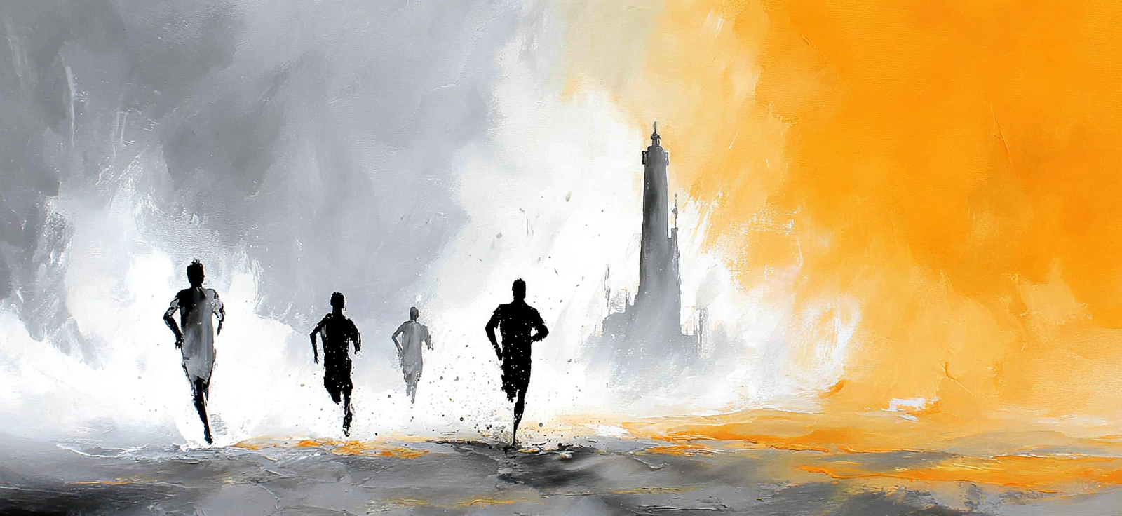 Laufende Individün Im Hintergrund Von Leuchtturm Und Dramatischem Himmel | Sport und Bewegung | Themen und Hobbys