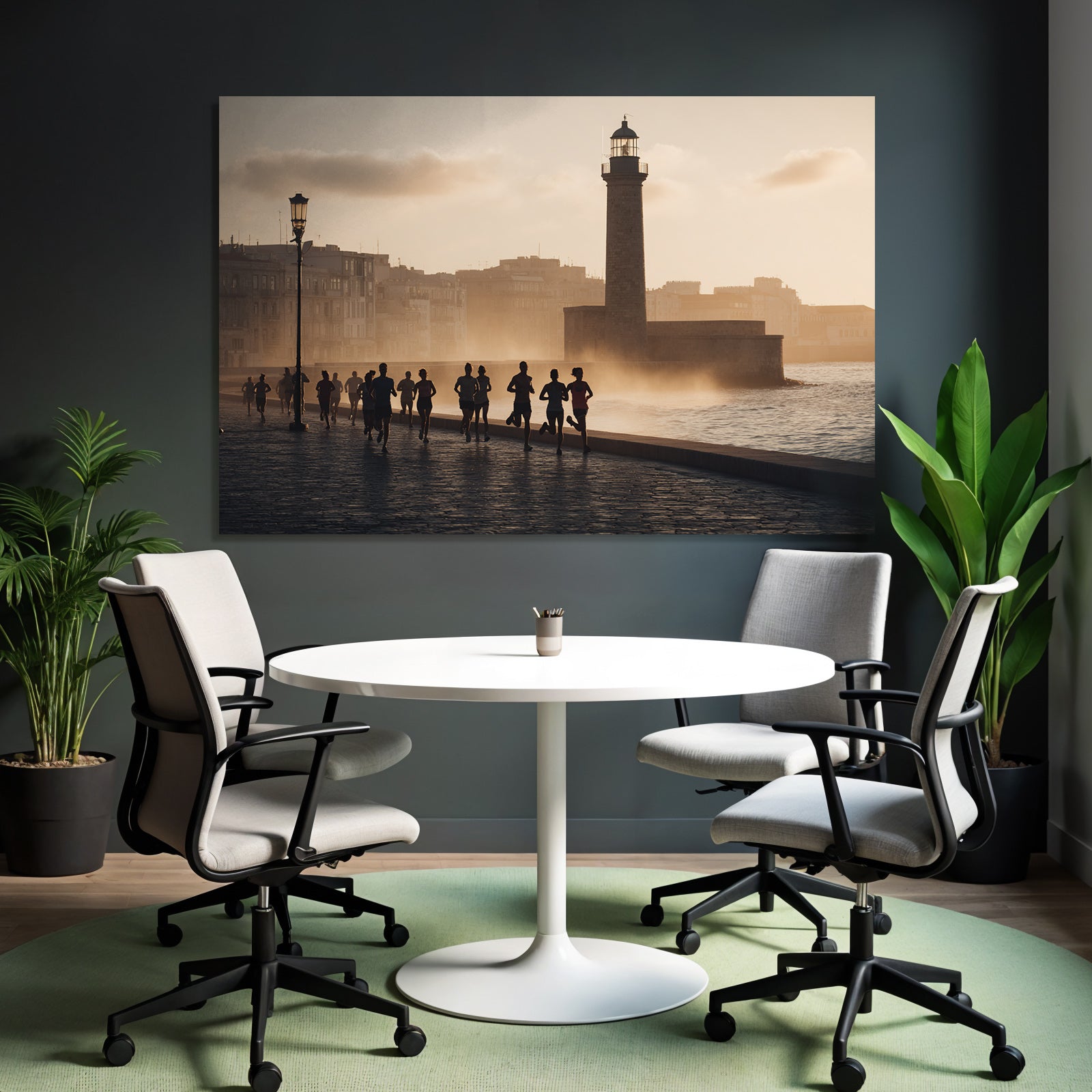 Laufende Menschen Am Wasser Im Sonnenaufgang Oder Sonnenuntergang Mit Leuchtturm