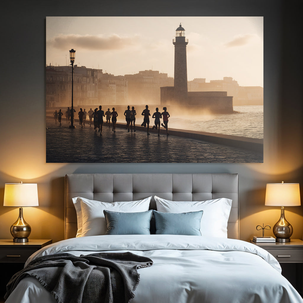 Laufende Menschen Am Wasser Im Sonnenaufgang Oder Sonnenuntergang Mit Leuchtturm