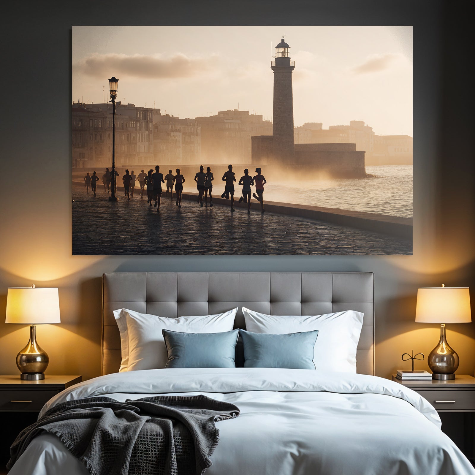 Laufende Menschen Am Wasser Im Sonnenaufgang Oder Sonnenuntergang Mit Leuchtturm