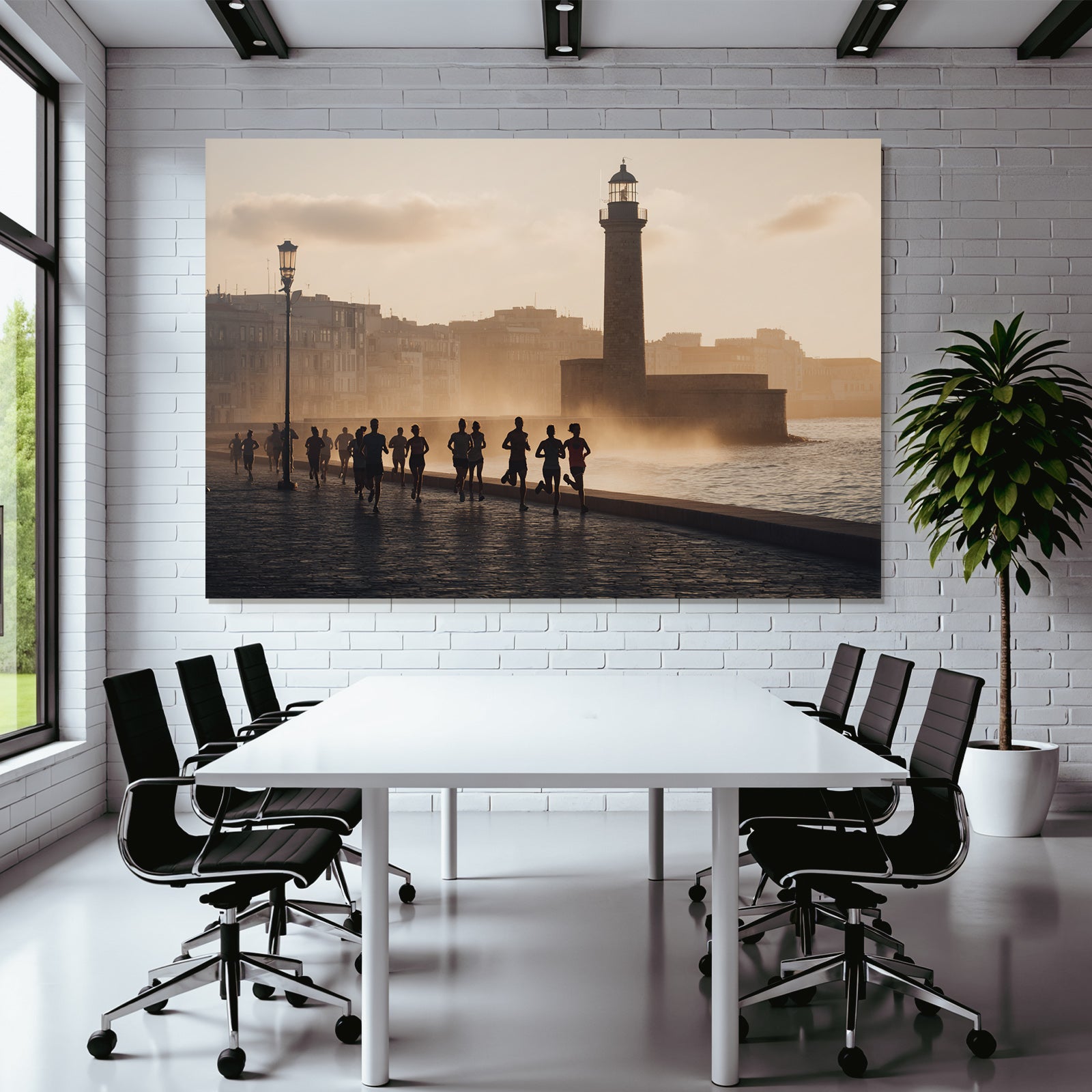 Laufende Menschen Am Wasser Im Sonnenaufgang Oder Sonnenuntergang Mit Leuchtturm