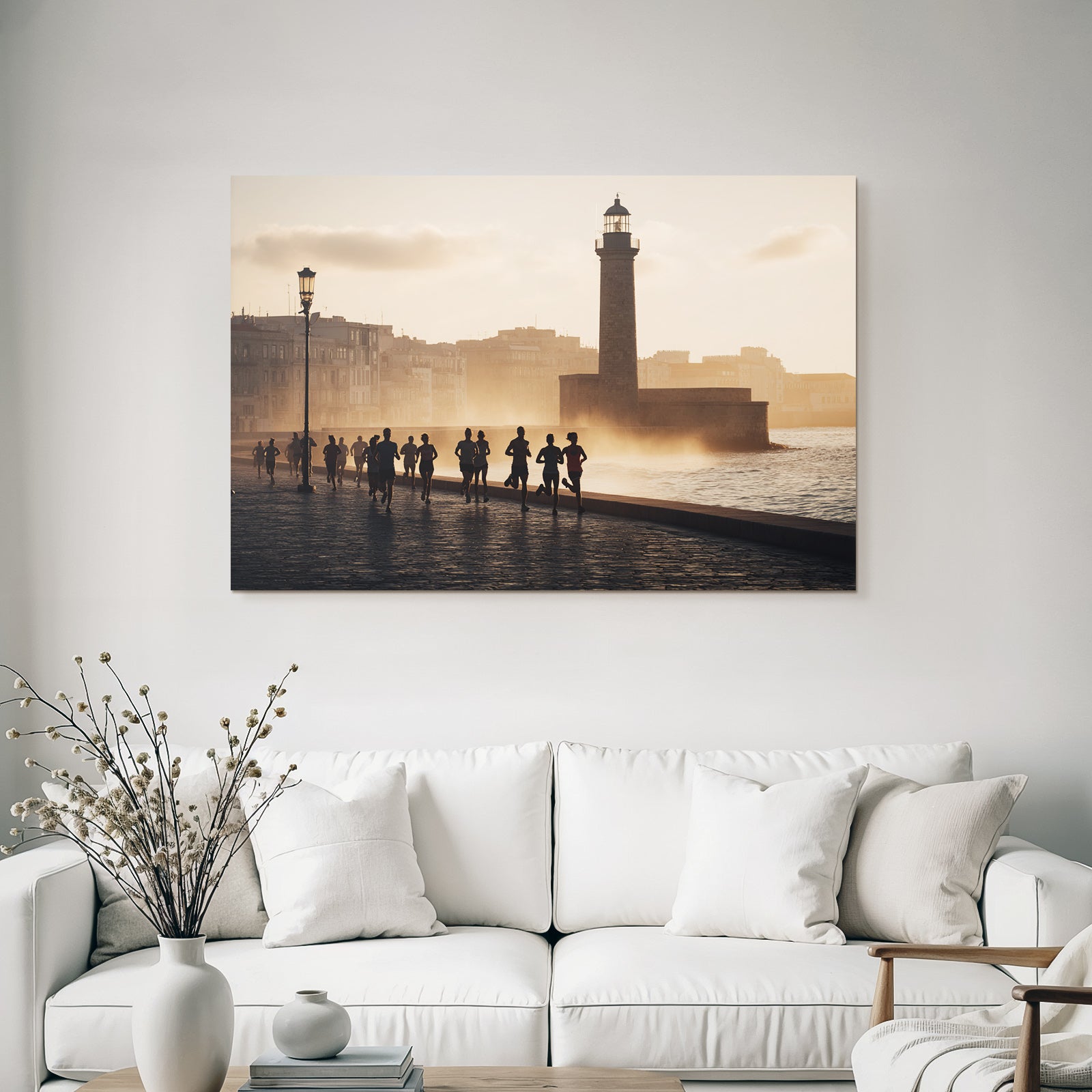 Laufende Menschen Am Wasser Im Sonnenaufgang Oder Sonnenuntergang Mit Leuchtturm