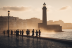 Laufende Menschen Am Wasser Im Sonnenaufgang Oder Sonnenuntergang Mit Leuchtturm | Sport und Bewegung | Themen und Hobbys