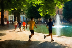 Laufende Personen Im Park Mit Springbrunnen Malerischer Stil | Sport und Bewegung | Themen und Hobbys