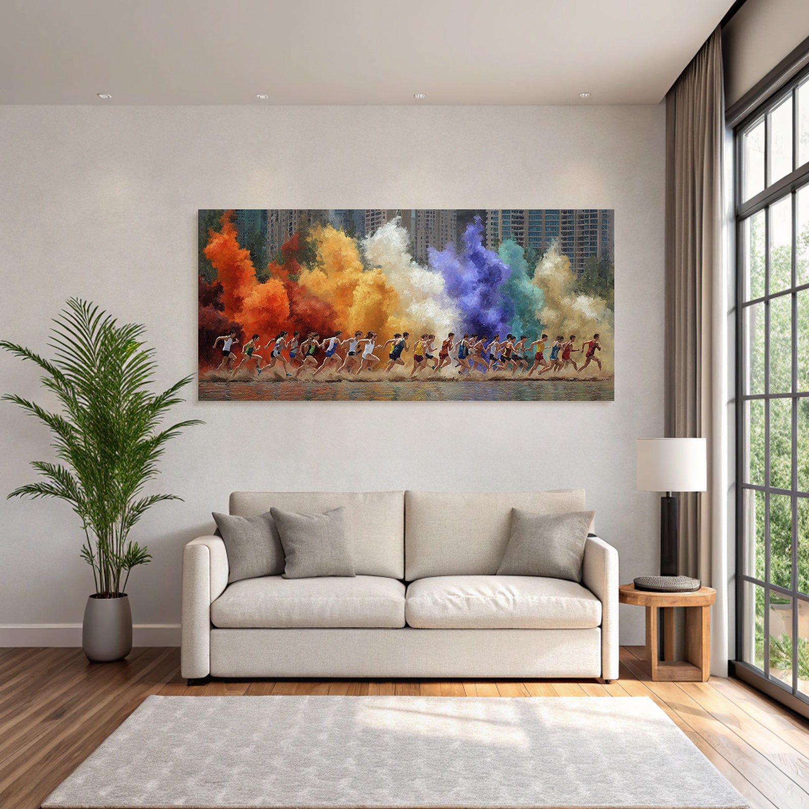 Laufende Sportler Farbe Explosion Stadtlandschaft