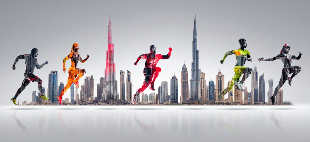 Laufender Menschen Mit Stadt Horizont Dubai Doppelbelichtung | Sport und Bewegung | Themen und Hobbys
