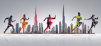 Laufender Menschen Mit Stadt Horizont Dubai Doppelbelichtung | Sport und Bewegung | Themen und Hobbys