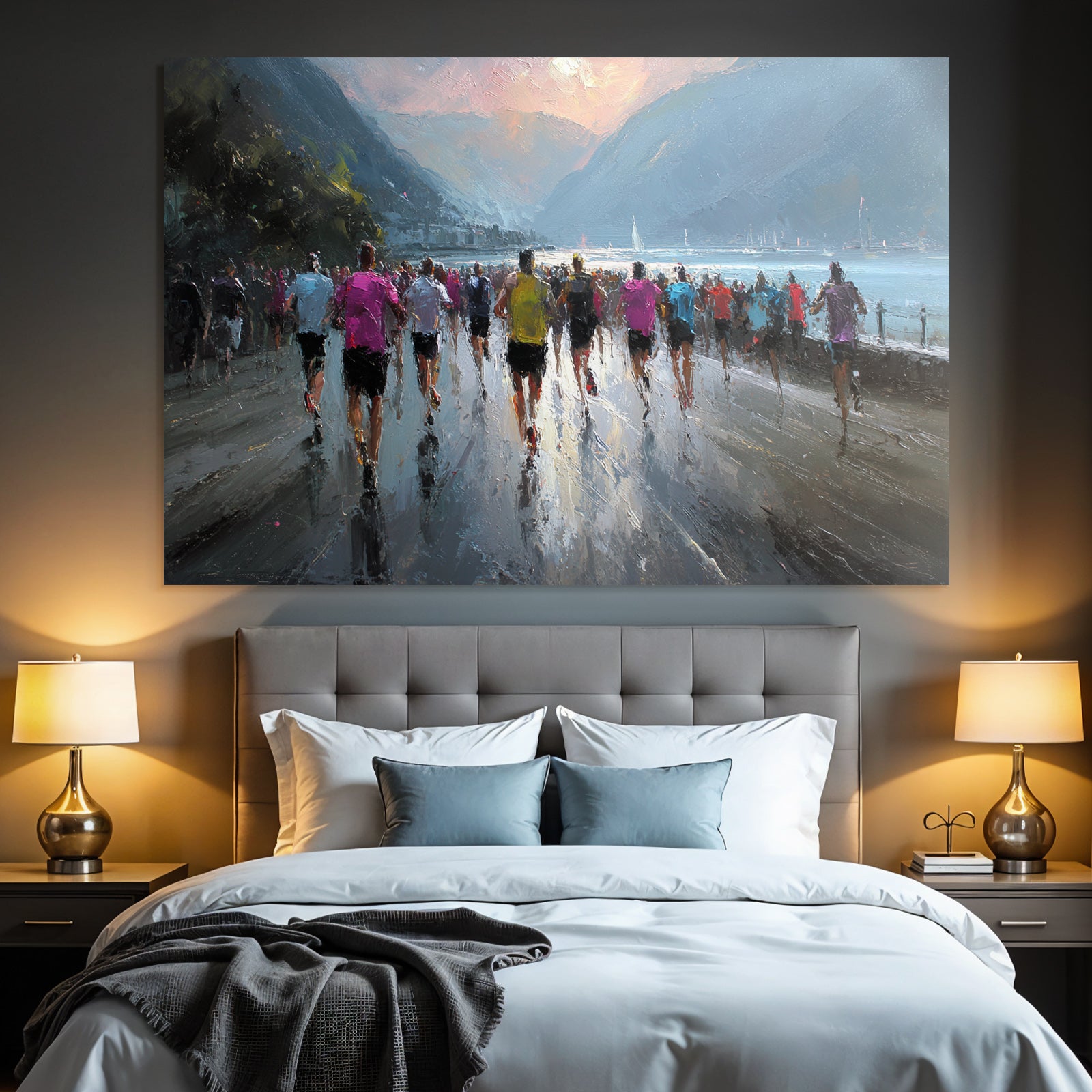 Laufveranstaltung Mit Bergblick Und Wasser Reflexionen Sonnenaufgang