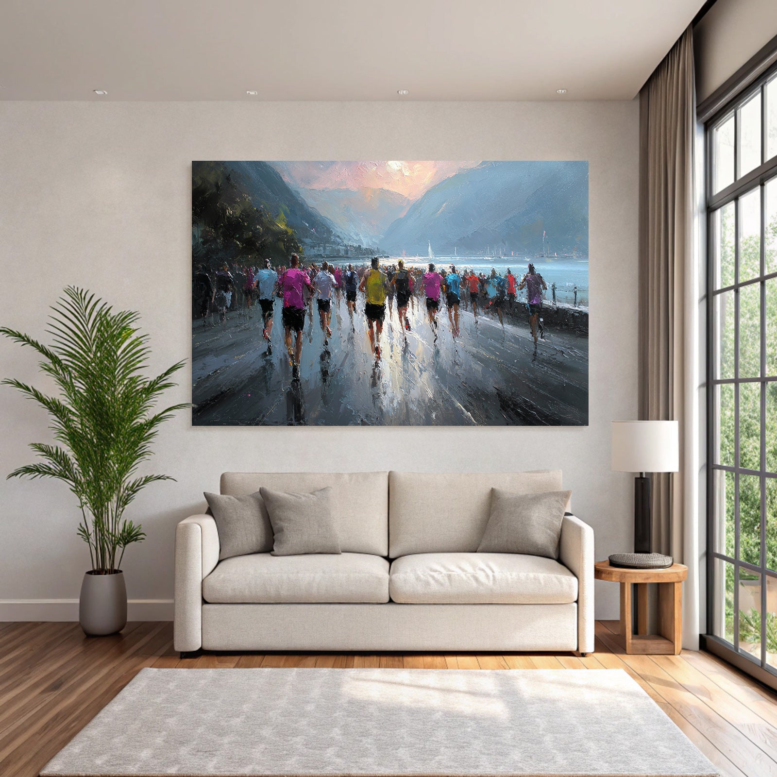 Laufveranstaltung Mit Bergblick Und Wasser Reflexionen Sonnenaufgang