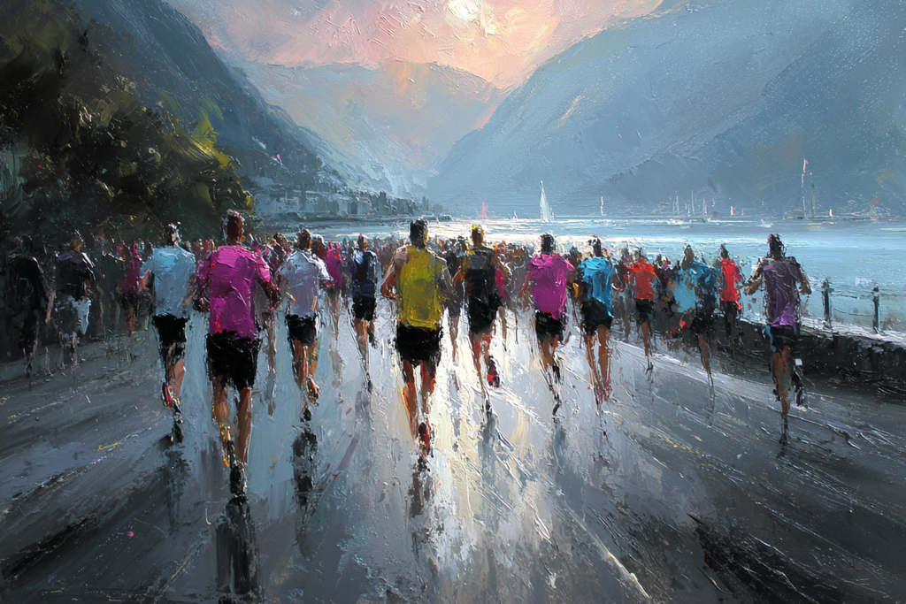 Laufveranstaltung Mit Bergblick Und Wasser Reflexionen Sonnenaufgang | Sport und Bewegung | Themen und Hobbys