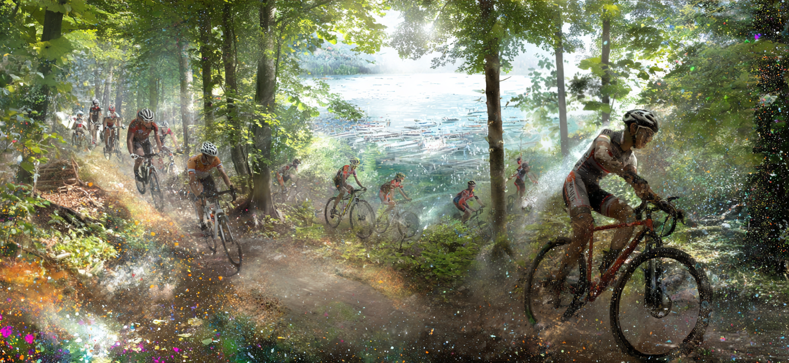 Lebendige Radfahrer Im Grünen Wald Mit Sonnenstrahlen Und Funken Effekten | Sport und Bewegung | Themen und Hobbys