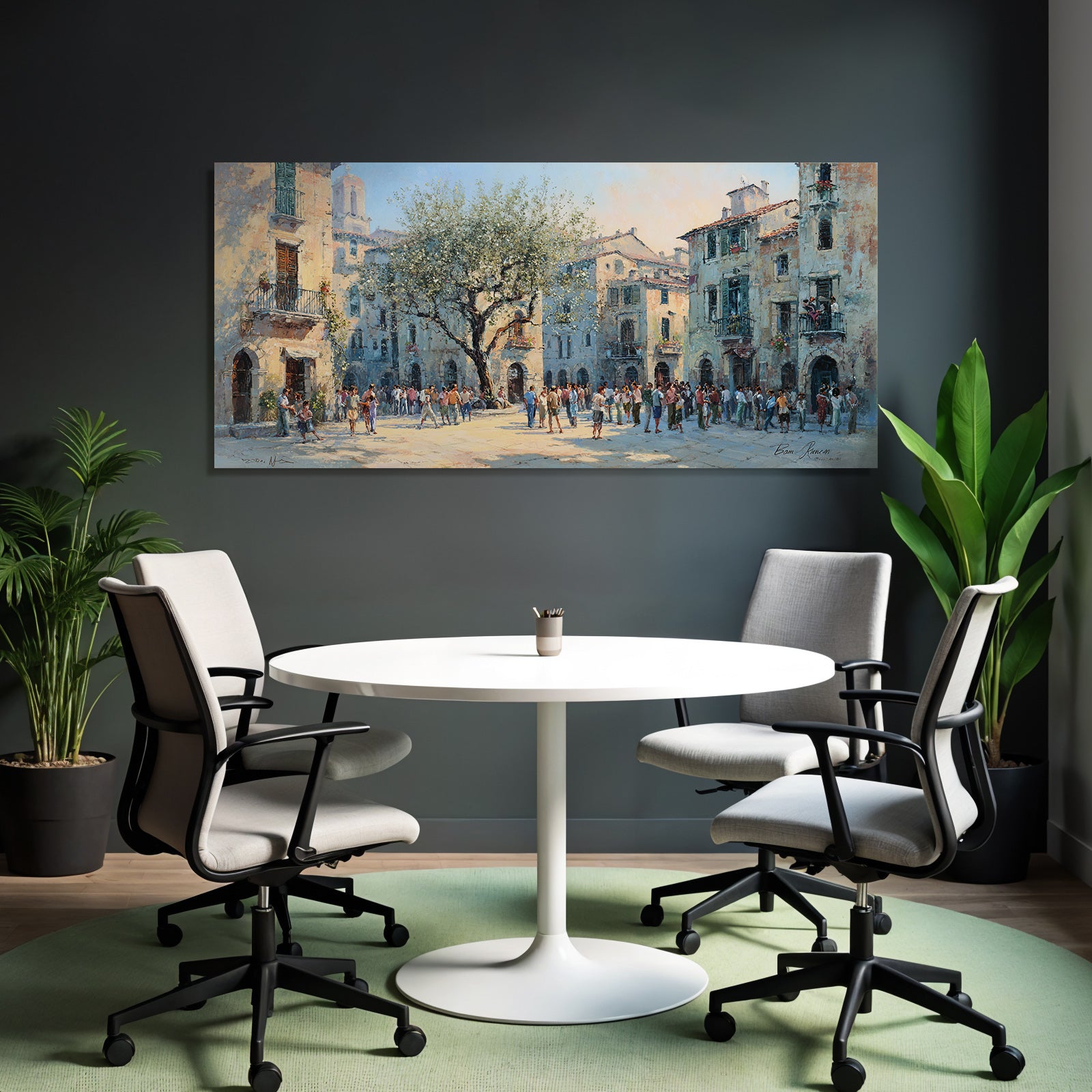 Lebhafter Stadtplatz Mit Baum Und Menschen Aktivität Mediterran