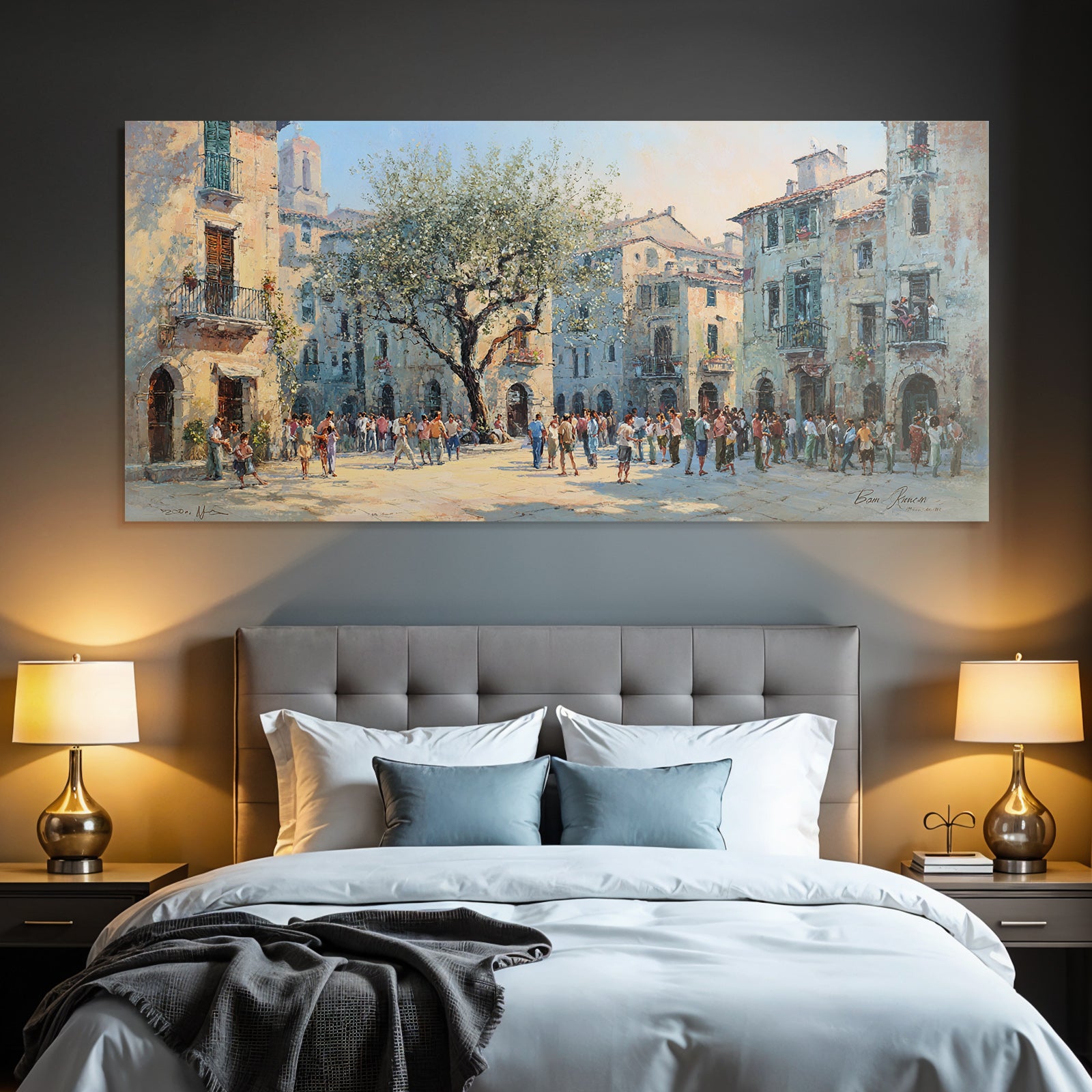 Lebhafter Stadtplatz Mit Baum Und Menschen Aktivität Mediterran