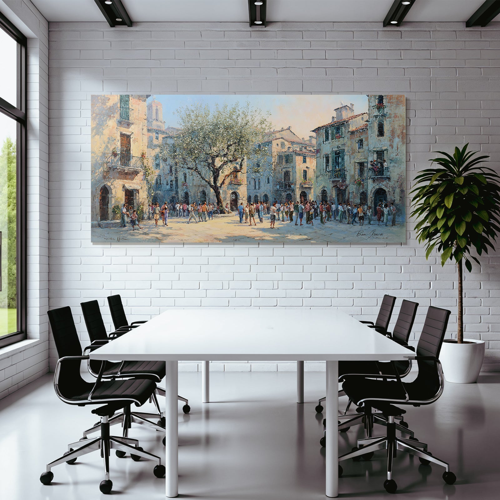 Lebhafter Stadtplatz Mit Baum Und Menschen Aktivität Mediterran