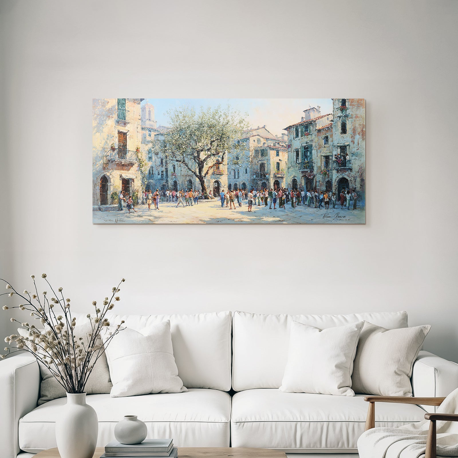 Lebhafter Stadtplatz Mit Baum Und Menschen Aktivität Mediterran