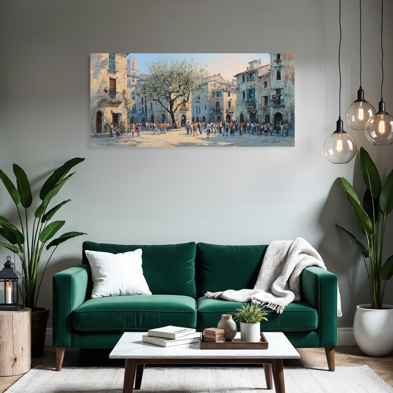Lebhafter Stadtplatz Mit Baum Und Menschen Aktivität Mediterran