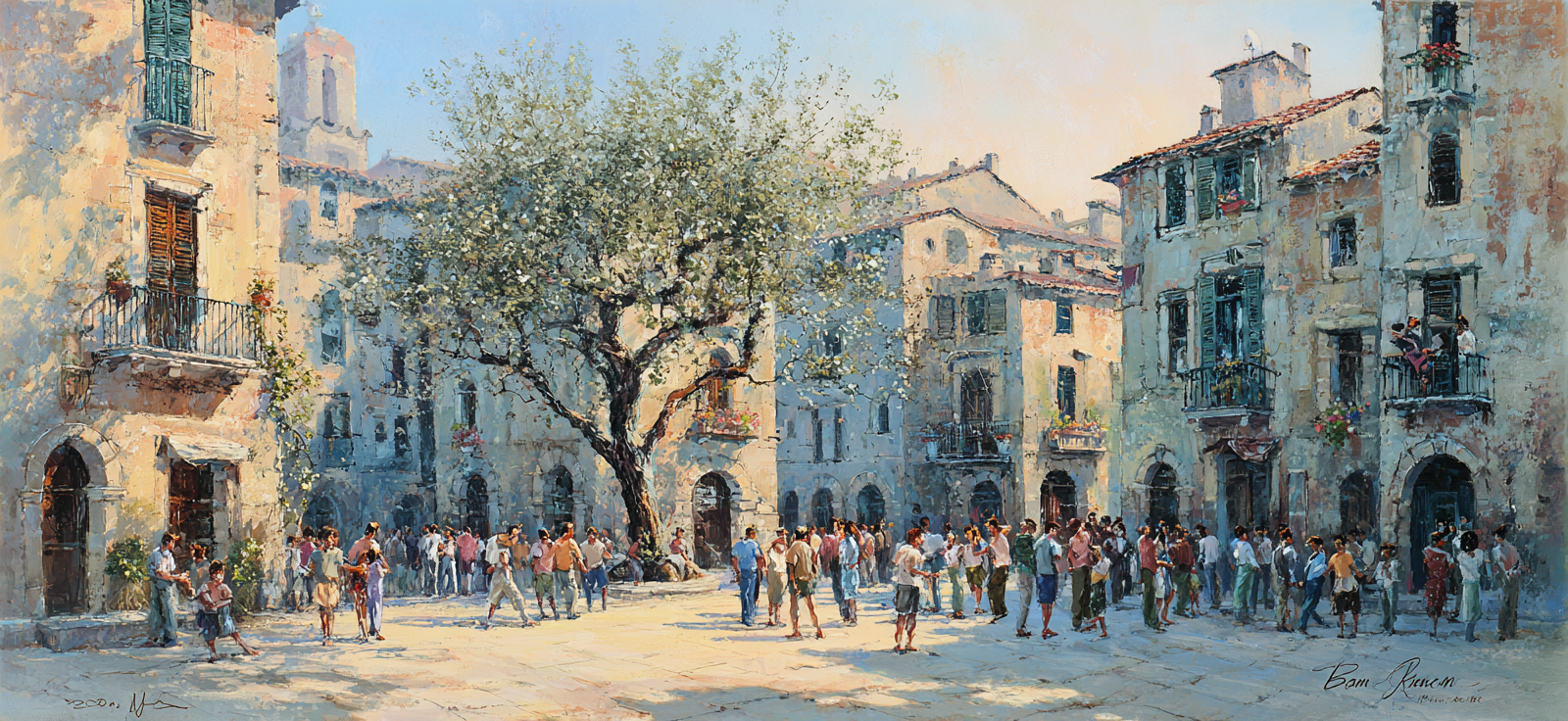Lebhafter Stadtplatz Mit Baum Und Menschen Aktivität Mediterran | Sport und Bewegung | Themen und Hobbys